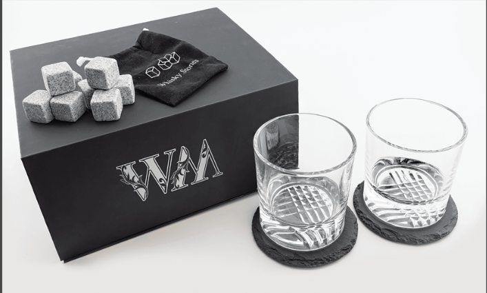 Whiskey Set with Two 9 oz. Glasses, Two 4" Slate Coasters, and Eight Granite Whiskey Stones with a Black Velvet Bag - Image 4