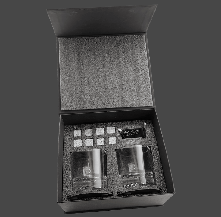 Whiskey Set with Two 9 oz. Glasses, Two 4" Slate Coasters, and Eight Granite Whiskey Stones with a Black Velvet Bag - Image 2